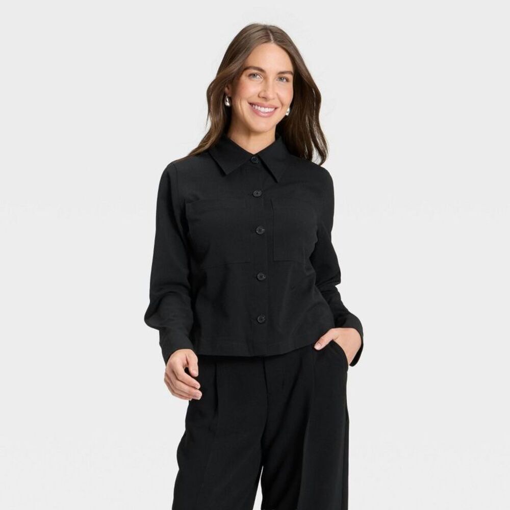 Women's Plain Weave Shirt Jacket - A New Day Black XL